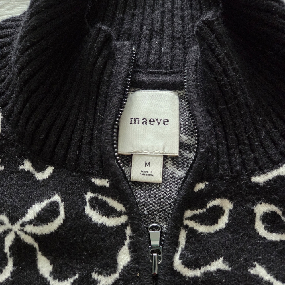 Maeve Anthropologie The Montana Mock-Neck Half-Zip Sweater‎ Black Bow Print Sz M - Picture 10 of 11
